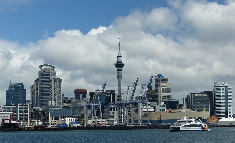 Waterfront Auckland and the Sky Tower seen from the water